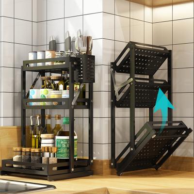 China Metal Kitchen Black Folding Spice Shelf Installation Kitchen Spice Bottle Storage Freestanding Rack for sale