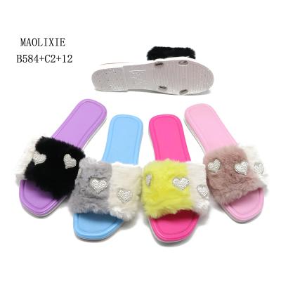 China Cheap soft custom elegant furry chappal wholesale anti-slippery slides slippers for women for sale