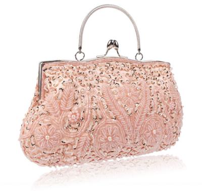 China Luxury Vintage Keyhole Satin Wedding Party Big Kiss Clutch Bag Beaded Sequin Design Flower Evening Purse for sale