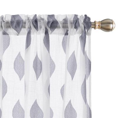 China Blackout Leaf Patterned Gray Embroidered Polyester Fabric Sheer Curtain With Rods Lace Up For Window Living Room Kids Room Hotel Bedroom for sale