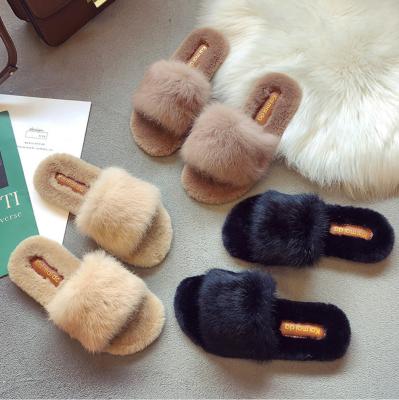 China Recyclable Wholesale Colorful Rabbit Slides Lovely Plush Fluffy Slippers Women Real Fox Hair Slides Furry Flip Flops Women Sandals for sale