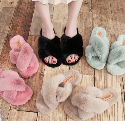 China Massage Lovely Fur Fox Furry Colorful Fluffy Cross Women Slippers Real Fox Hair Slides Party Furry Flip Flops Women Sandals for sale