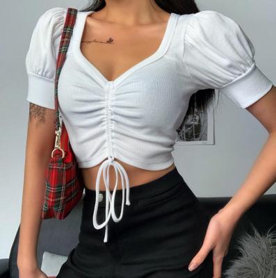 China Hot Sale Summer Anti-wrinkle Candy Puff Shorts Sheath Sexy Lady's Blouse Women Crop Tops for sale