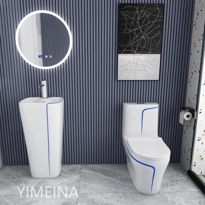 China Double-flow Chaozhou New Design Blue White Color WC Toilet Bowl And Wash Hand Basin Set for sale