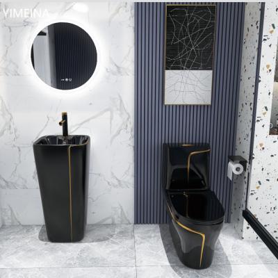 China Double-flow Black Gold Luxury Toilet Set and Bathroom Basin Sanitary Ware Toilet Bidet One-Piece Set for sale