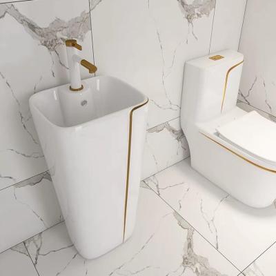 China Chaozhou Modern Wholesaler One Piece Toilet and Pedestal Sink White Gold Ceramic Bathroom Ware Sanitary Set for sale