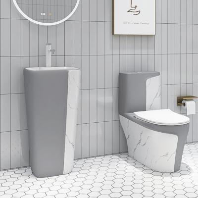 China Automatic Operation Factory Production Ceramic Bathroom Basin And Toilet Sets Marble Gray Washdown Flush Toilet Sets for sale