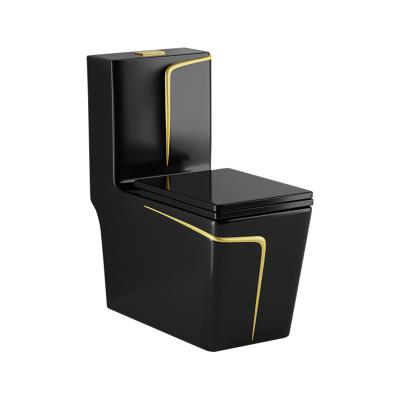 China Double-flow 021 Design Gloss Wc Glossy Black With Gold Line Elegant Luxury S P Trap Dresser One Piece Toilet for sale