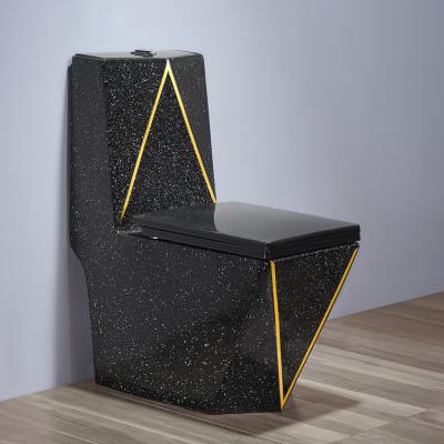 China Double-Flow Luxury One-Piece Lavatory Toilet Bowl Position Bathroom Black Gold Ceramic Toilet for sale