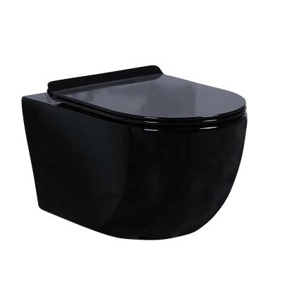 China Glossy Black Rimless Concealed Cistern Wall Hung Soft Close Toilet UF Seat Ptrap Toilet for sale