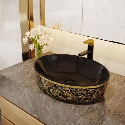 China Table Top Easy Clean Wash Sinks Ceramic Gold Round Wash Basin Bathroom Electroplate Art Vanity Basin for sale