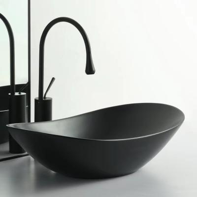 China Matte Black Vessel Sink Round Modern Ceramic Ultra Thin Countertop Edge Bathroom Art Basin for sale