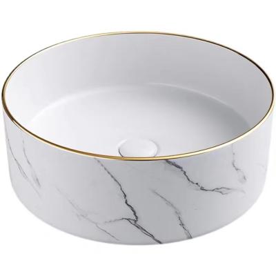 China Popular Modern Design Hand Wash Sink Gold Round Bathroom Ceramic White Marble Above Counter Basin for sale