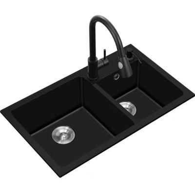 China Without Faucet Undermount Granite Black Quartz Stone Kitchen Sink Handmade Best Kitchen Sink 220mm Deep Double Bowls for sale