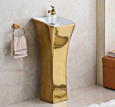 China Luxury Gold Wash Basin Pedestal Sink Ceramic Gold Plated Pedestal Wash Basin for sale