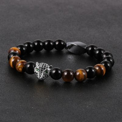 China FASHIONABLE Luxury Women Men Bracelets Natural Stone Micro Pave CZ Brass Leopard Head Beads Gemstone Beaded Bracelet for sale