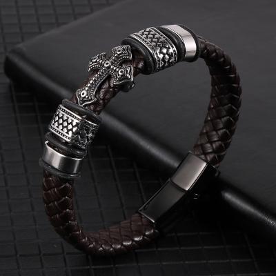 China Vintage Hot Sale Mens Stainless Steel Charm Punk Cross Bracelet Jewelry Real Cowhide Leather Bracelets for sale