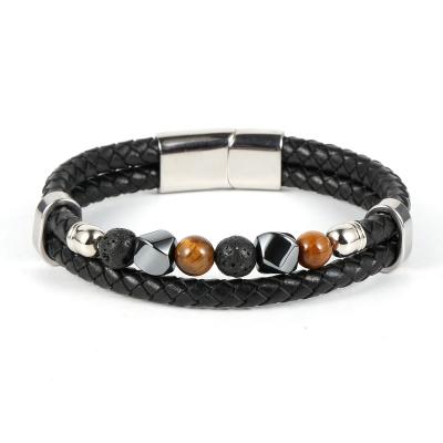 China Black Tiger Eye Lava Men Natural Stone Bead Magnetic Clasp Stainless Steel Genuine Leather Bracelet for sale