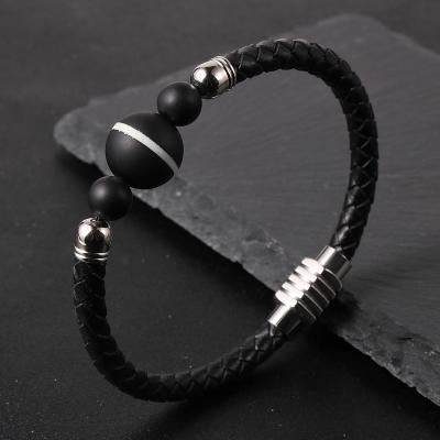 China FASHIONABLE Casual Natural Genuine Leather Bracelet Men Slightly 6mm Matte Agate Bead Black Brown Gemstone Wrap Bracelet for sale