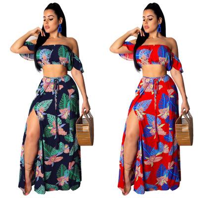 China Fashion Group 2pcs Anti-Static Floral Women Suits Crop Wrapped Top + Long Skirt Set Party Club Maxi Dress G0189 for sale