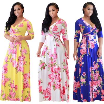 China Ecowalson Anti-Static Women's V-Neck 3/4 Sleeve Digital Floral Printed Party Long Loose Maxi Dress With Belt Clubwear S3187 for sale