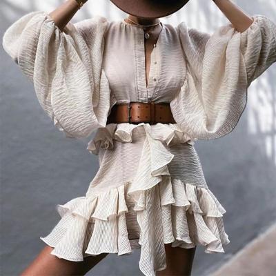 China Fashion Breathable Mini O Neck Waterfall Ruffle Dresses Elegant Front Buttons Dresses Ladies Tie Belt Women Lantern Sleeve Dress for sale