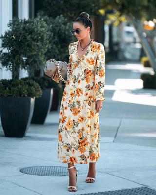 China Women Vintage Floral Print V-Neck Midi Dress Viable Long Shirt Vestidos Female Chic Sleeve Casual Slim Plus Size Women's Dresses for sale