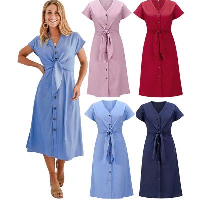 China Breathable Wrap Summer Tie Waist Shirt Dress Women Dress Short Sleeve Turn Down Collar Midi Dresses for sale