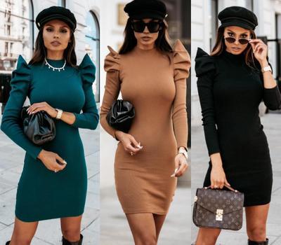 China Elegant Lady Slim Knitted Dress Office Vestdio Autumn Casual Women O Neck Mini Dress Winter Puff Long Sleeve Breathable Bodycon Dress Dress for sale