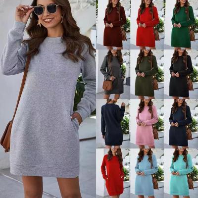 China Autumn Spring O Neck Pocket Solid Loose Ladies Mini Dress Vestidos Coldker Long Sleeve Women Breathable Fashion Sweatshirt Dress 2021 New for sale