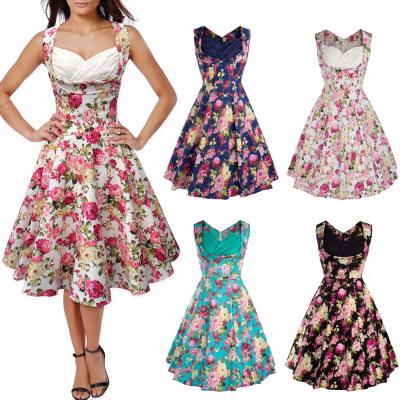 China Breathable Rockabilly Floral Print Flower Summer Dress Vest One Piece Sleeveless Vintage Dress for sale