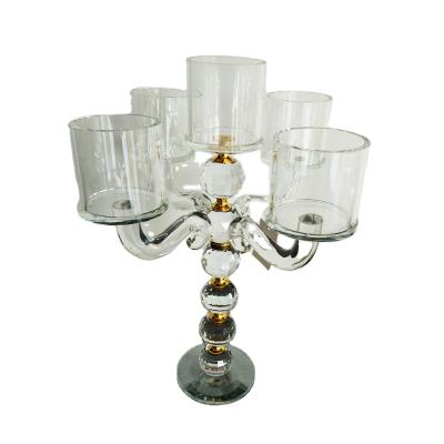 China Wholesale Folk Customized Art and Wedding Banquet Celebration Crystal Glass Candelabras 5 Gold Arms for sale