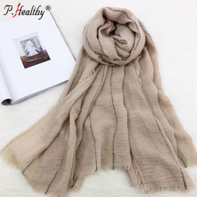 China 2020 new fashion cotton canvas design cotton scarf women stripe tassel hijab scarf stretch cotton for sale