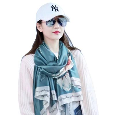 China Cotton Korean Female Canvas Feel Summer Satin Version Scarf Flower Pattern Tulle Towel Travel Beach Towel Travel Beach Towel Sunscreen Silk Shawl for sale