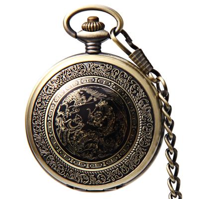 China Fashion Antique Vintage Retro Dragon Phoenix Mechanical Pocket Watch Bronze Pendant Chain Necklace for sale