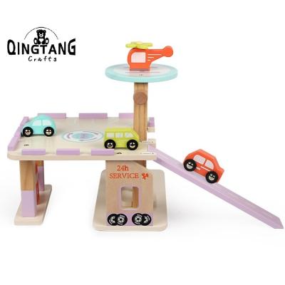 China QINGTANG Wood Toy Vehicle Play Sets Car Garage Wooden Game Set Car Parking Play Wooden Set For Children for sale