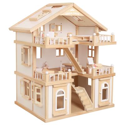 China DIY TOY QINGTANG Pretend Play Toys White Wooden Doll House Toy KIDS Dolls House Toy With Furniture for sale