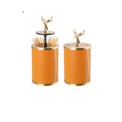 China Viable Desktop Decor Storage Jar Hand Press Toothpicks Funny Genuine Leather Crafting Automatic Marble Holder for sale