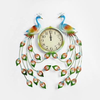 China Creative Europe iron home hangings metal decoration opens the living room mute bedroom lovely peacock wall clock for sale