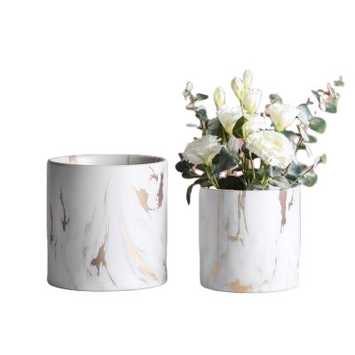 China Modern Home Simple Nordic Succulent Green Plant Tray Golden Hydroponic Set Round Marbled Ceramic Flower Pot for sale