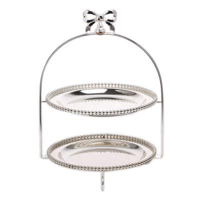 China Wrought Iron Baking Sustainable Wedding Cake Stand Silver Plated Two Tier Fruit Tray Dessert Tray Cake Tray For Wedding Shown for sale