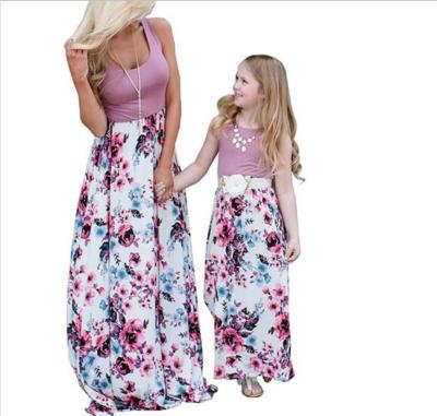 China Cute Mommy and Me Breathable Floral Long Dress Matching Clothes Onesie Outfits for sale