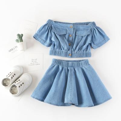 China New Fashion Toddler Girl Casual Clothing Set Short Sleeve Button Denim Top And Skirt 2 Pcs Set For Kids for sale