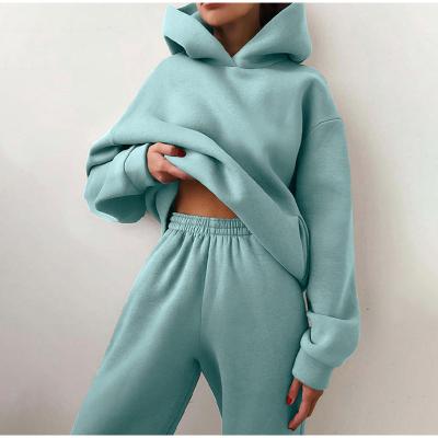 China Women's Breathable Autumn Plus Fleece Sweatshirts Two Piece Set Casual Solid Oversized Female Suit Sports Long Panty Sets Hoodie for sale