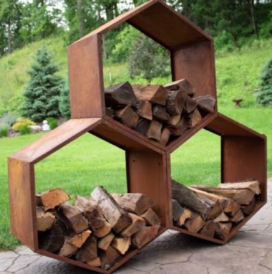 China Indoor And Outdoor Decoration Hexagon Corten Steel Wood Storage For Fireplace for sale