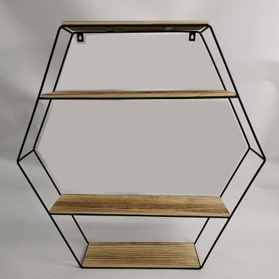 China Hexagon Wall Shelf Wood And Metal Mix 4 Tiers Vintage Wall Shelves Floating Wooden Wall Shelf UZ18029 for sale