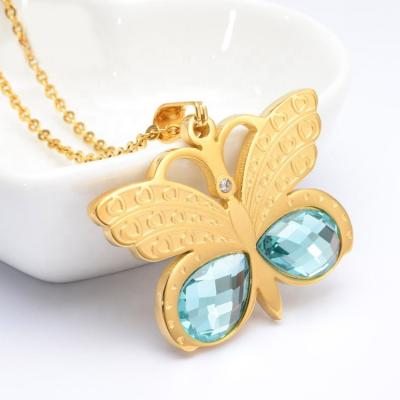 China CLASSIC Luxury 18K Gold Plated Colorful Blue Stone Butterfly Crystal Necklace Stainless Steel Jewelry Accessories Set For Women for sale