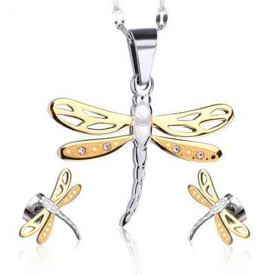 China Custom Factory Fashion Jewelry Rhinestone Stainless Steel Dragonfly Pendants Necklace Earrings Jewelry Sets CLASSIC for sale