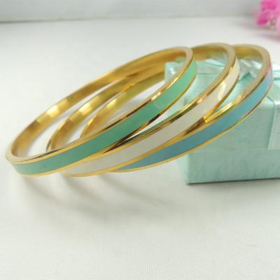 China 18K Gold Three Color Three Ring Stainless Steel Bangle Drop Color Enamel Glue Blue Light Green White Women Casual/Sporting Jewelry Bangle for sale