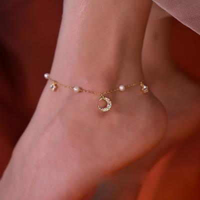 China French personalized fashion anklet chain 2022 simple foot chain original moon foot pearl vintage design retro new for sale